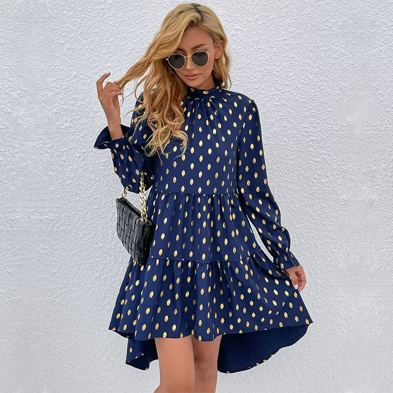 Polka Dot Midi Dress Gold Foil Print Loose Fit Half Turtleneck Casual Wear for Women Wholesale A