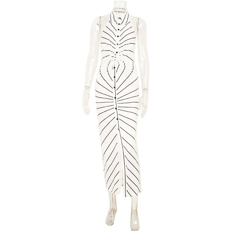 Striped Print Halter Neck V Neck Dress Twist Front Backless Waist Cinching Elegant Evening Gown