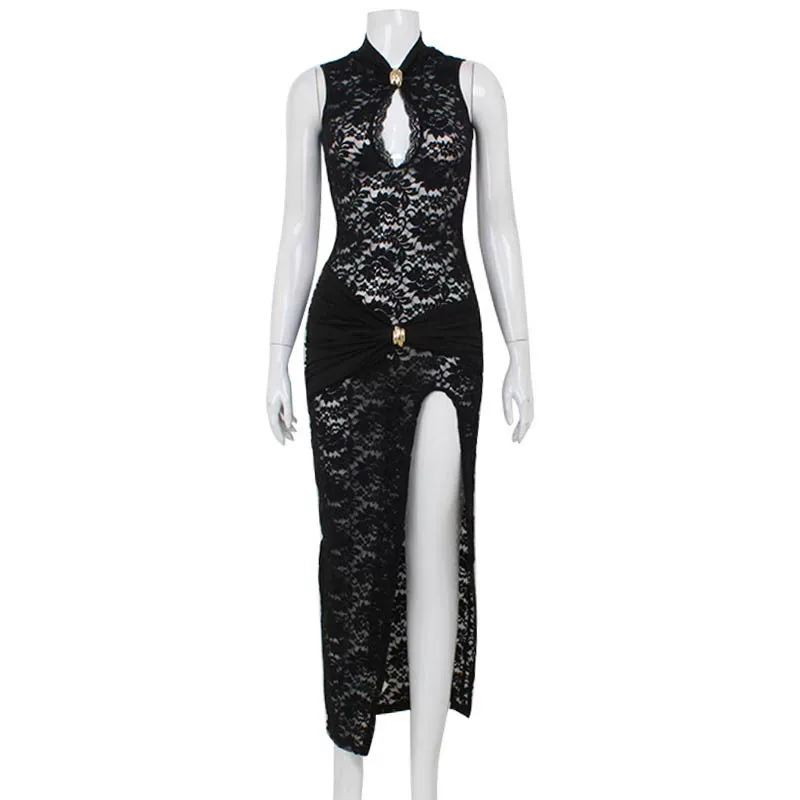 Lace Cheongsam Dress Sleeveless Slim Fit High Slit Elegant Design Perfect for Parties and Specia