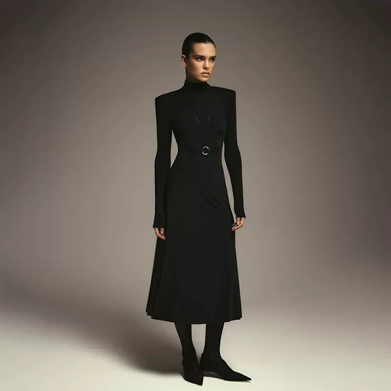 High Neck Long Sleeve A Line Dress Waist Defining Solid Color Elegant Design Autumn Winter Fashi