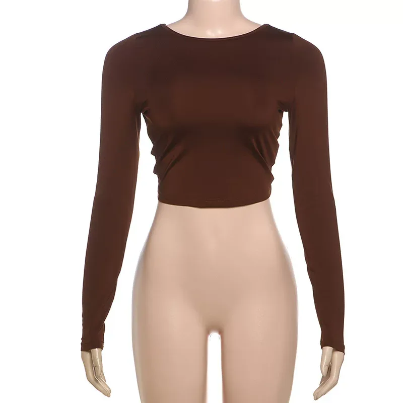 Womens Long Sleeve Crop Top Sexy Backless Design Solid Color Slim Fit Stylish Winter Fashion Who