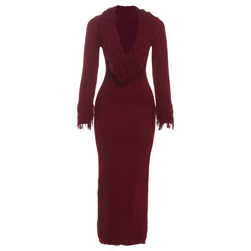 Knit Bodycon Dress Long Sleeve Deep V Neck Fringe Detail Solid Color Autumn Winter Fashion for P
