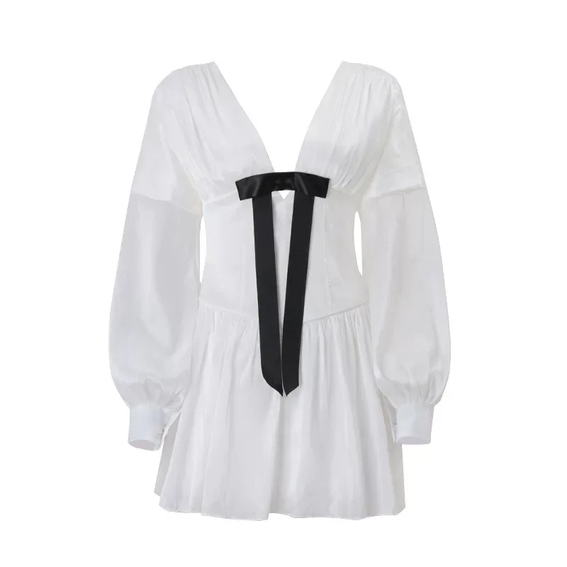 V Neck Lantern Sleeve Dress Sexy Low Cut Bow Detail Shiny Fabric Elegant Winter Fashion for Wome