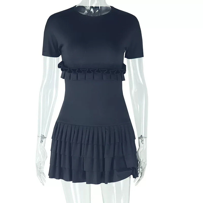 Fashionable Womens Bodycon Dress Solid Color Pleated Design Short Sleeve Round Neck Casual Wear
