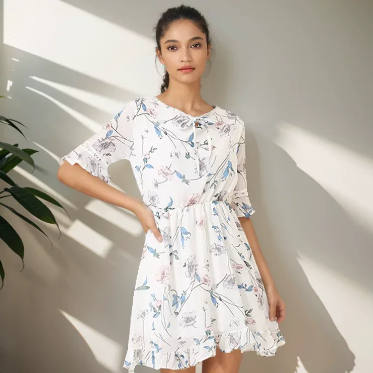 Floral Chiffon Dress Sweet Summer Style Slim Fit Flared Sleeves A Line Silhouette Perfect for Ca