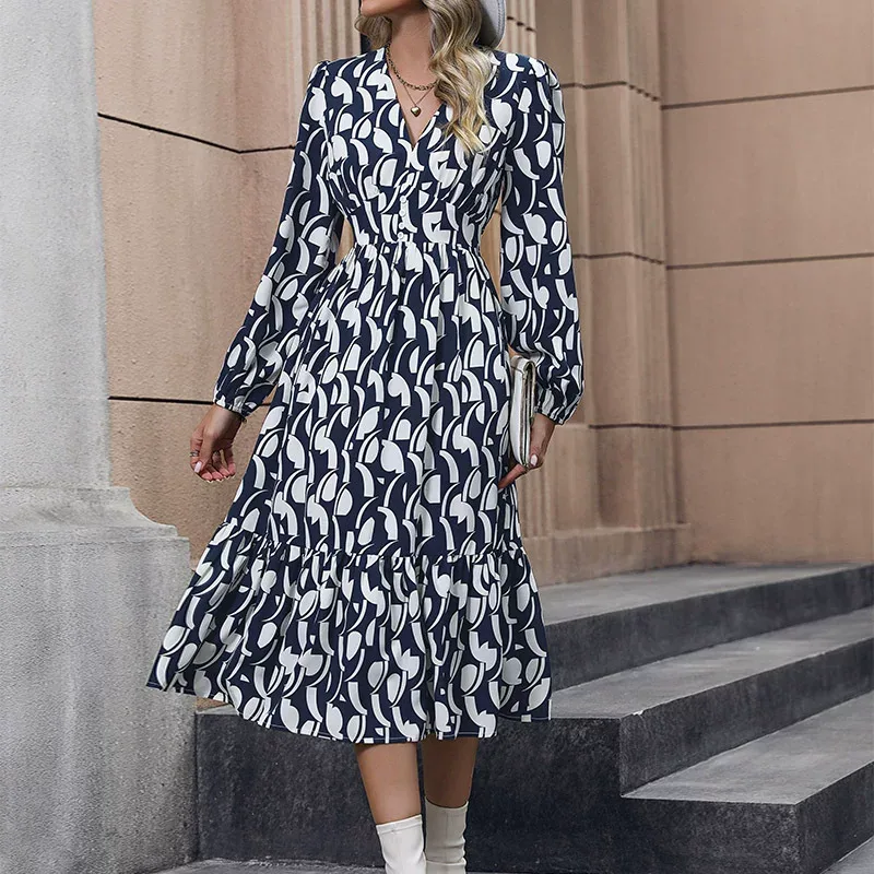 Womens Autumn Dress V Neck Irregular Hem Floral Print Casual Wear for Fall Wholesale Available
