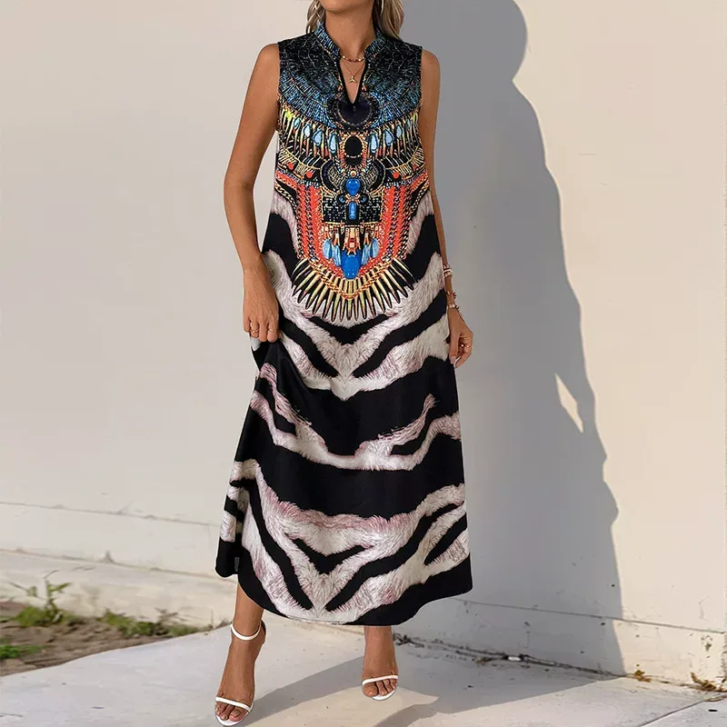 Vintage Style Sleeveless Zebra Print Dress Stand Collar Bohemian Design Elegant Look Perfect for