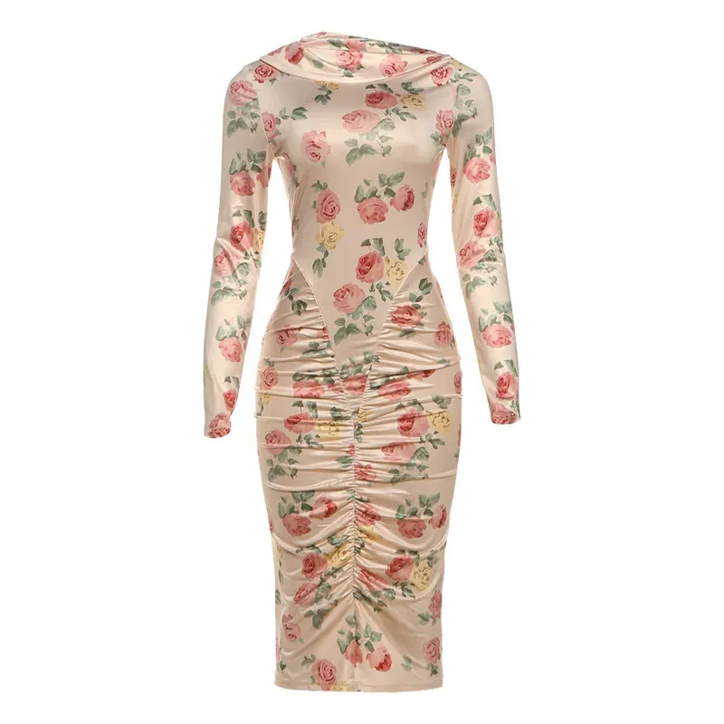 Fashionable Long Sleeve Bodycon Dress Unique Print Ruffled Design Sexy Silhouette Autumn Winter