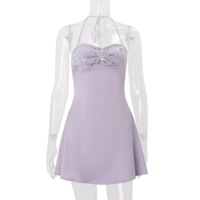 French Style Womens Summer Dress Elegant Hollow Embroidery Sequin Satin Halter Neck Perfect for