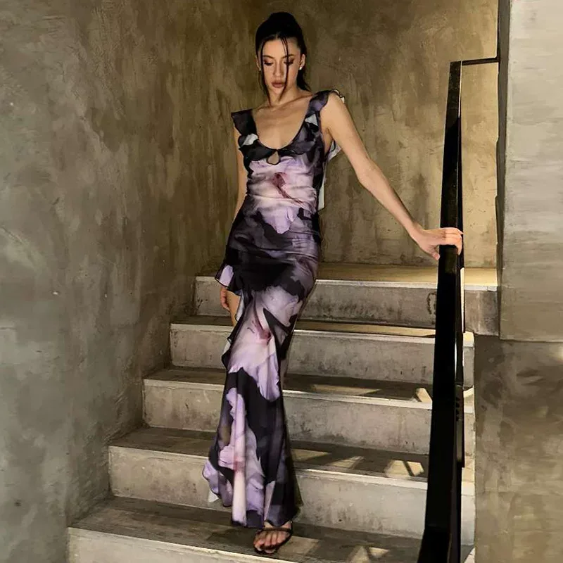 Elegant Floral Print Maxi Dress U Neck Ruffle Hem Sleeveless Open Back High Slit Perfect for Sum