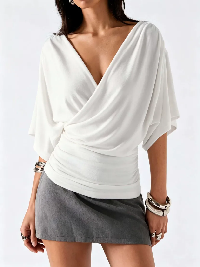 French Style Batwing Sleeve Top V Neck Ruched Waist Slim Fit Elegant Casual Wear for Office Whol