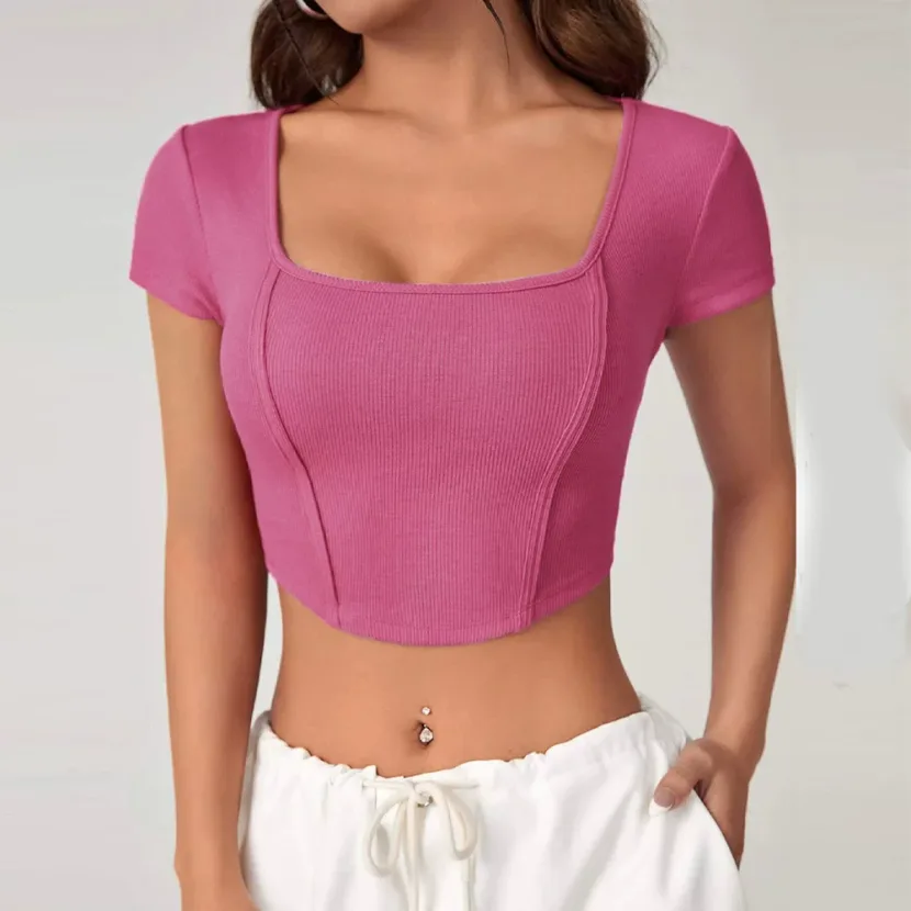 Irregular Square Neck Knit Short Sleeve T Shirt Slim Fit Short Length Stylish Design Casual Wear
