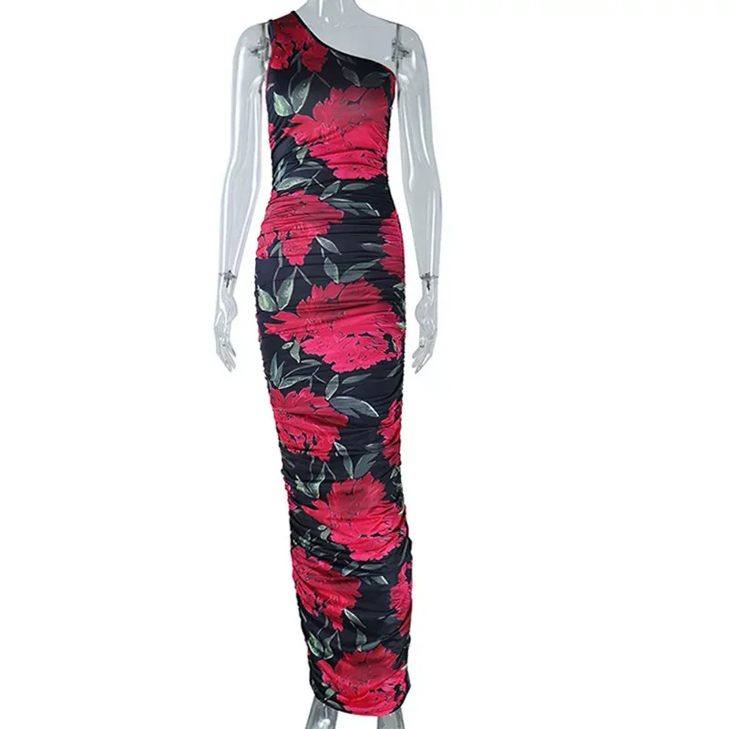 Sleeveless Asymmetrical Shoulder Dress Fashionable Floral Print Bodycon Fit Mid Length Casual Pa