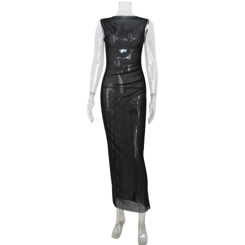 Sheer Mesh Sleeveless Maxi Dress Slim Fit Elegant Style Perfect for Parties or Evening Events Wh