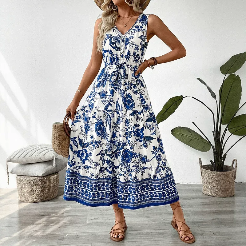 Vintage Floral Print Sleeveless Dress Summer Vacation Style Lightweight Fabric Elegant Design Wh