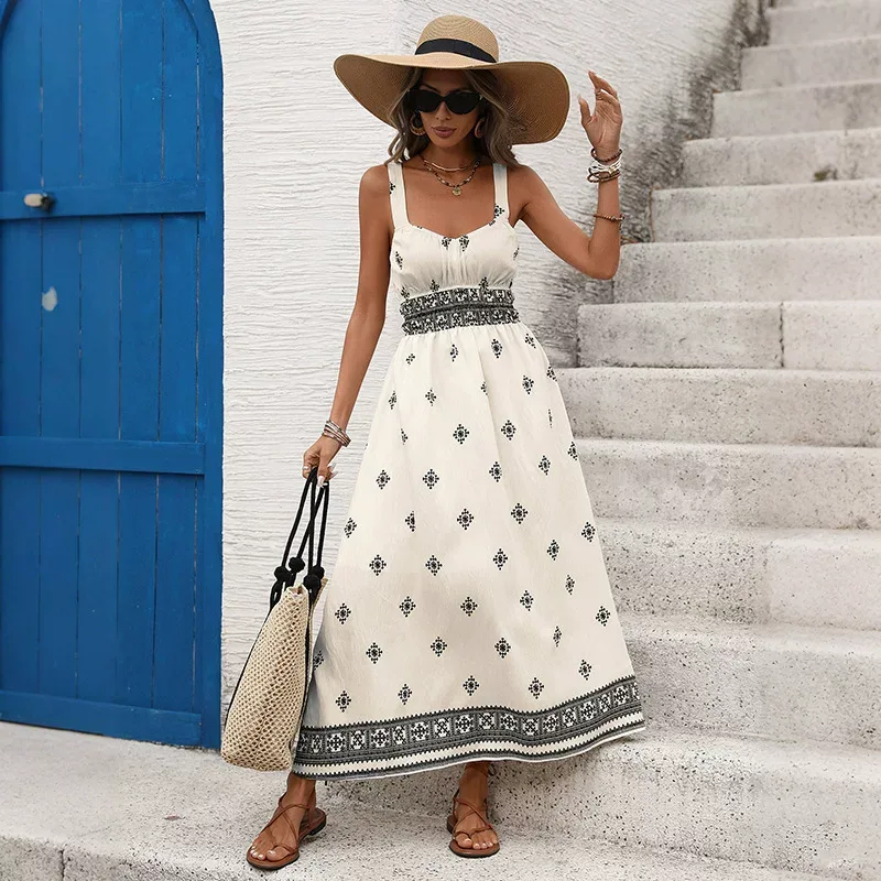 Geometric Print Backless Maxi Dress Vintage Ethnic Style Perfect for Summer Vacations Wholesale