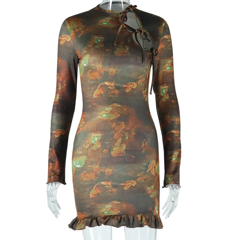 Long Sleeve Round Neck Tie Waist Mini Dress Vintage Floral Print Slim Fit Elegant Style Perfect