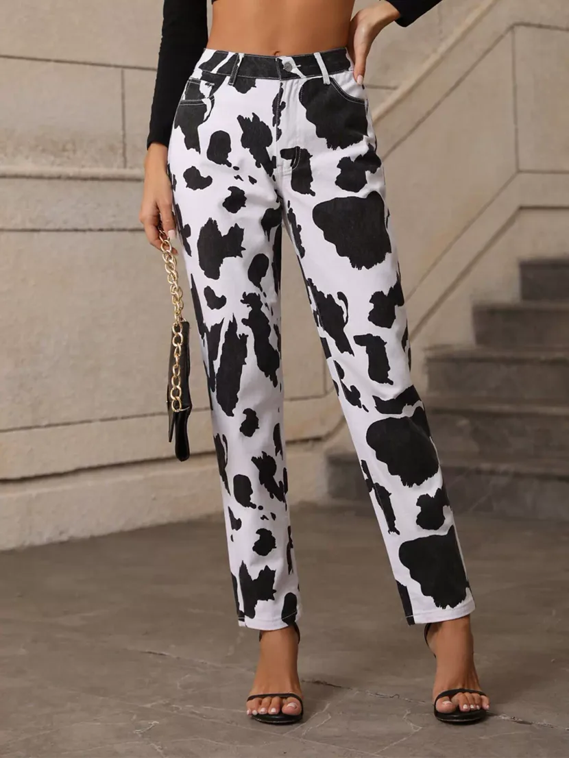 High Waisted Cow Print Denim Pants Unique Design Trendy Style Comfortable Fit Casual Wear Ready