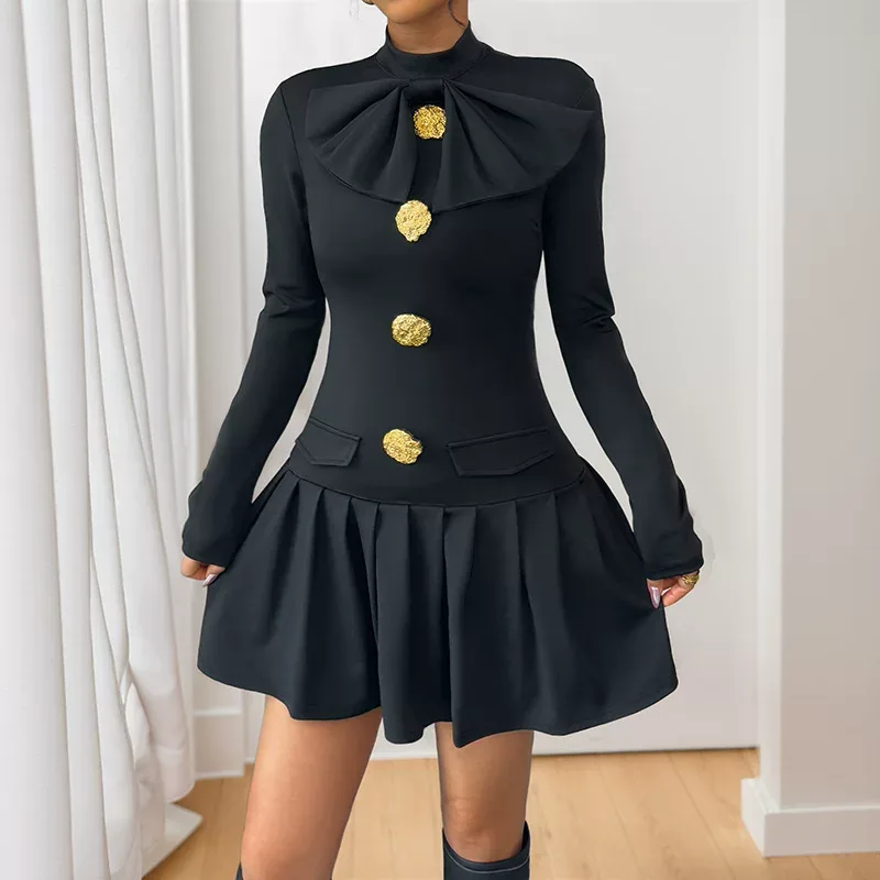 Elegant Sweetheart Bow Tie Buttoned High Neck Long Sleeve Dress Autumn Fashion Wholesale Availab