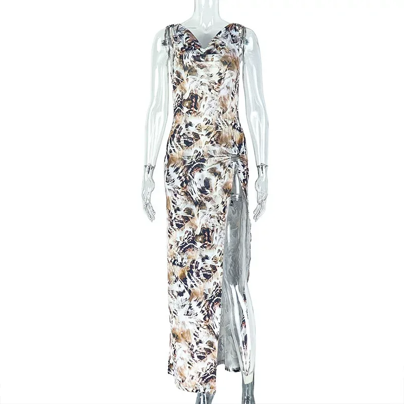 Fashionable Womens Backless Dress Ruffled Asymmetrical Hem Floral Print Sexy Split Design Perfec
