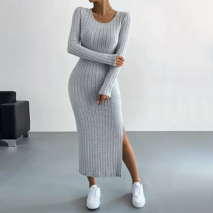 Chic Midi Bodycon Dress Slim Fit Side Slit Comfortable Fabric Spring Summer Casual Wear for Peti