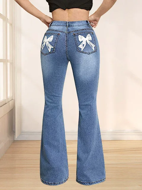 Trendy Womens Denim Pants Bow Tie Print Casual Style Comfortable Fit Wholesale Available customi
