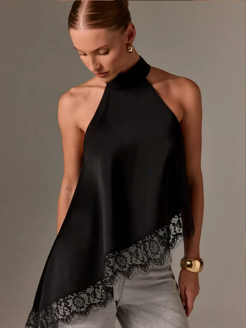 Summer Womens Satin Lace Panel Halter Neck Sleeveless Top Asymmetrical Design Small Stand Collar