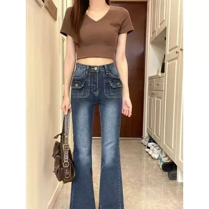 欧洲站高腰喇叭裤女2023春季新款韩版时尚百搭弹力显瘦直筒拖地裤