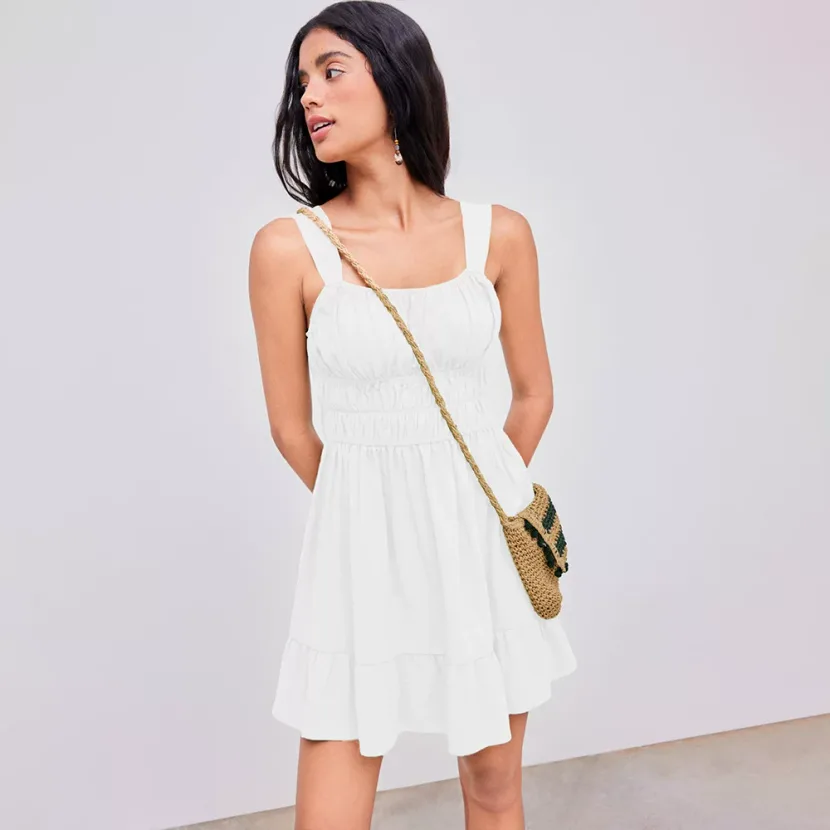Square Neck Ruched Waist A Line Dress Slim Fit Unique Design Short Length Perfect for Parties an
