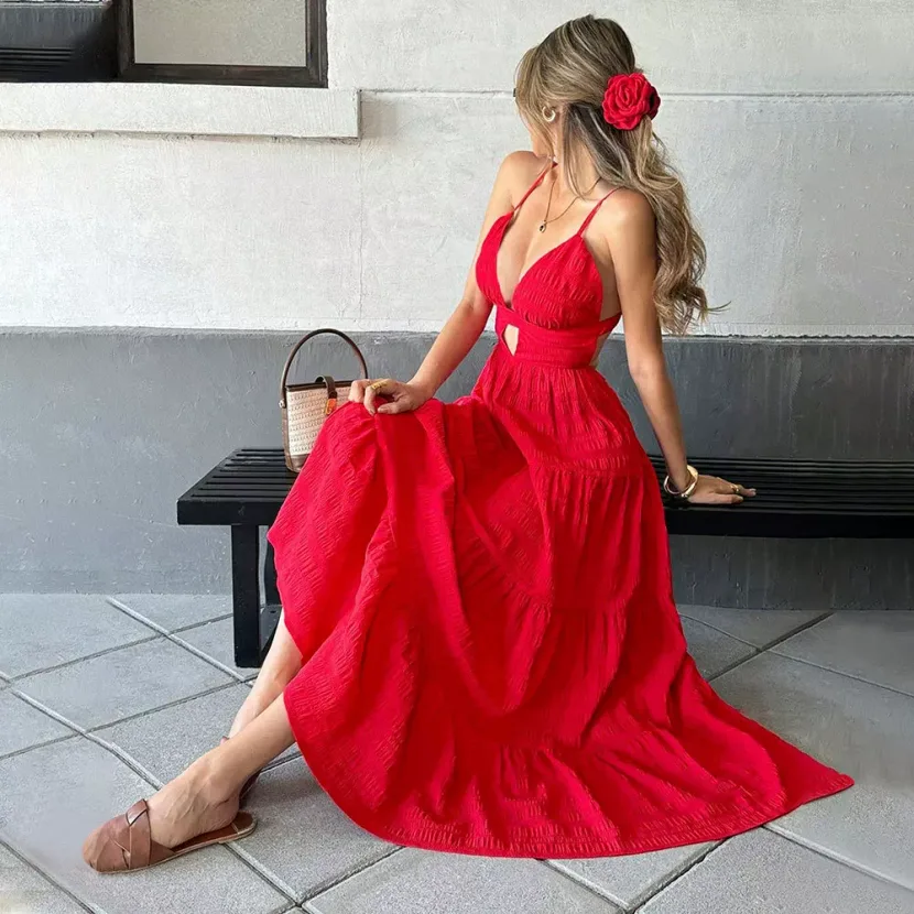 Sexy Red V Neck Maxi Dress Womens Spring Summer Fashion Elegant A Line Silhouette Wholesale Avai