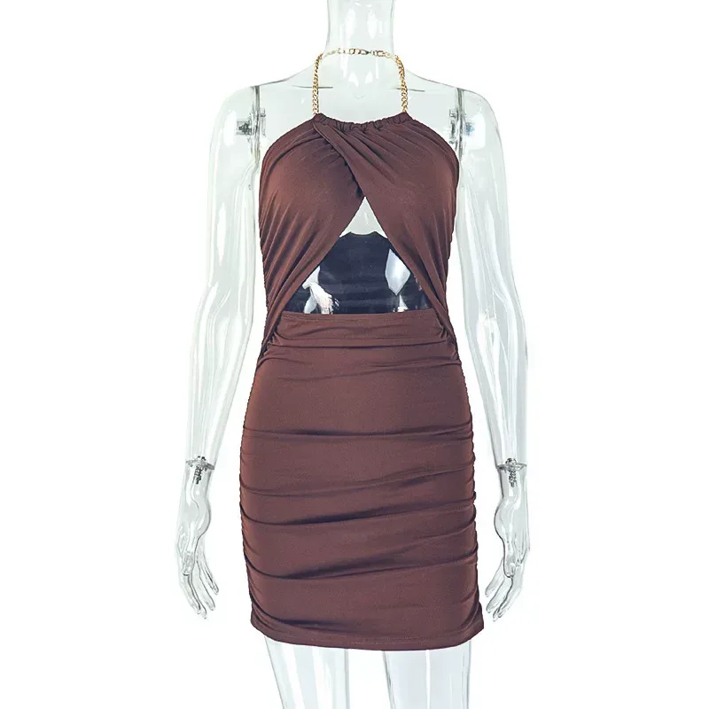 Metal Chain Halter Neck Bodycon Dress Ruffled Hollow Out Slim Fit Fashionable Evening Wear Party