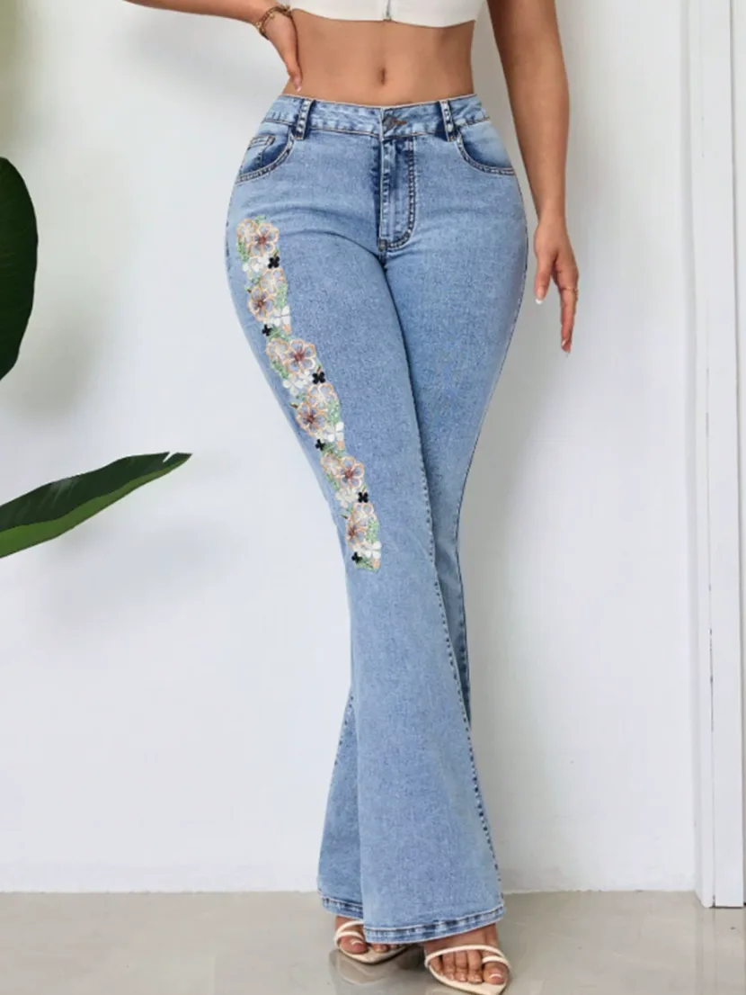High Waisted Flared Jeans Embroidered Vintage Style Trendy Design Casual Wear for Women Ready to