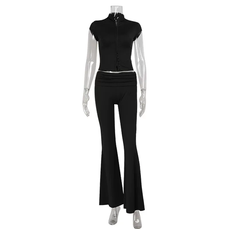 Slim Fit Solid Color Half High Neck Short Sleeve Top with Low Waist Flare Pants Trendy Two Piece