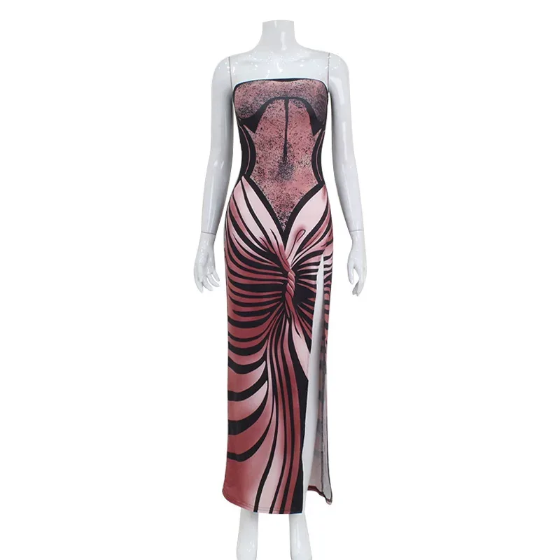 3D Printed Strapless Maxi Dress Spring Fashion High Slit Elegant Style Perfect for Parties and E