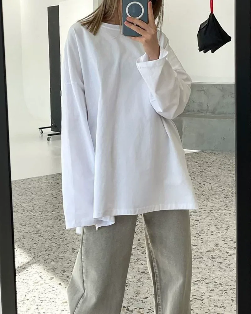 Loose Fit Long Sleeve Split T Shirt for Women 100 Cotton Solid Color Casual Style Spring Summer