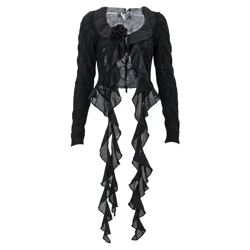 Sheer Mesh Long Sleeve Cardigan Ruffled V Neck Tie Front Flared Hem Spring Fashion Layering Whol