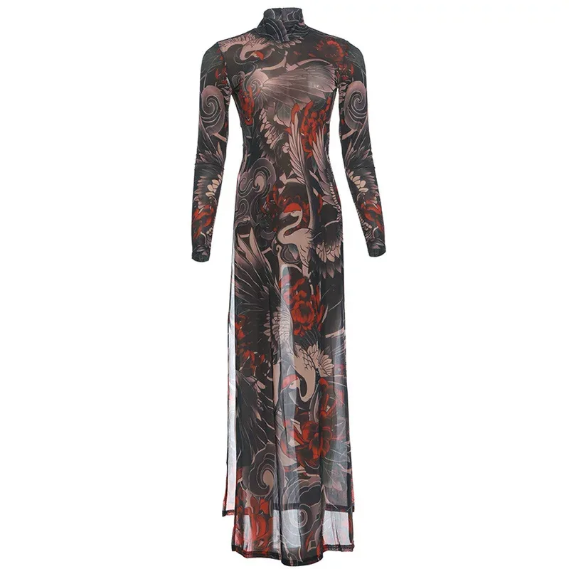 Fashionable Womens Long Sleeve Top Semi High Neck Animal Print High Slit Design Spring Collectio