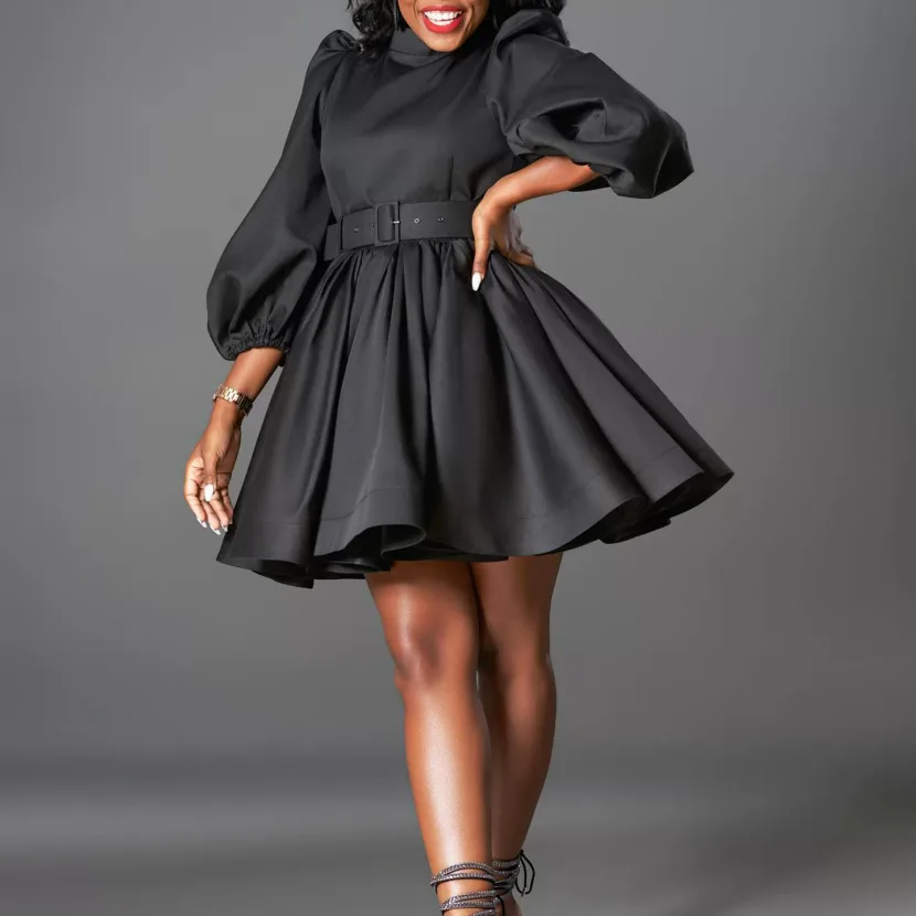 Fashionable Womens Dress Puff Sleeve Waist Defined Elegant Style Perfect for Parties and Events