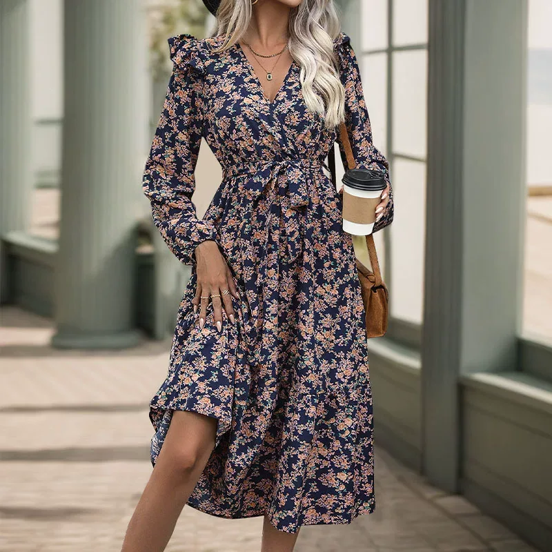 Floral Print V Neck Long Sleeve Dress Ruffled Hem Autumn Style Womens Fashion for Casual Occasio