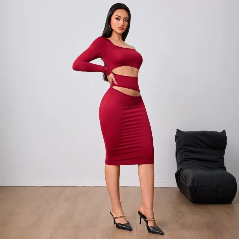 Wine Red One Shoulder Midi Dress Elegant Design Spring Summer Collection Perfect for Parties Who