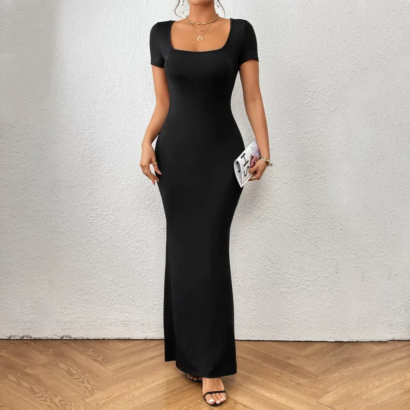 Elegant Square Neck Mermaid Maxi Dress for Women Summer Collection Slim Fit European and America