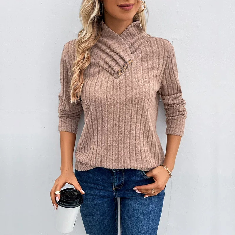 Womens Long Sleeve Top Solid Color Mid Neck Casual Style Perfect for Autumn Wear Wholesale Avail