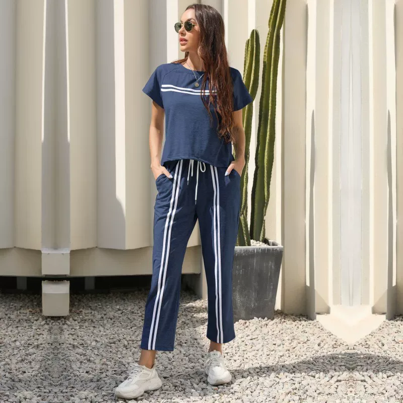 Two Piece Striped Casual Set Short Sleeve Round Neck Trendy Design Perfect for Summer Outings Wholesale Availabl