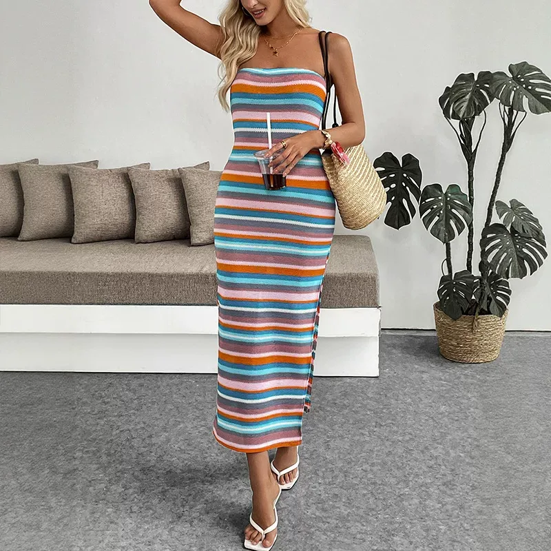 Strapless Beach Vacation Dress Colorful Embroidery Striped Design Trendy Style Perfect for Summe
