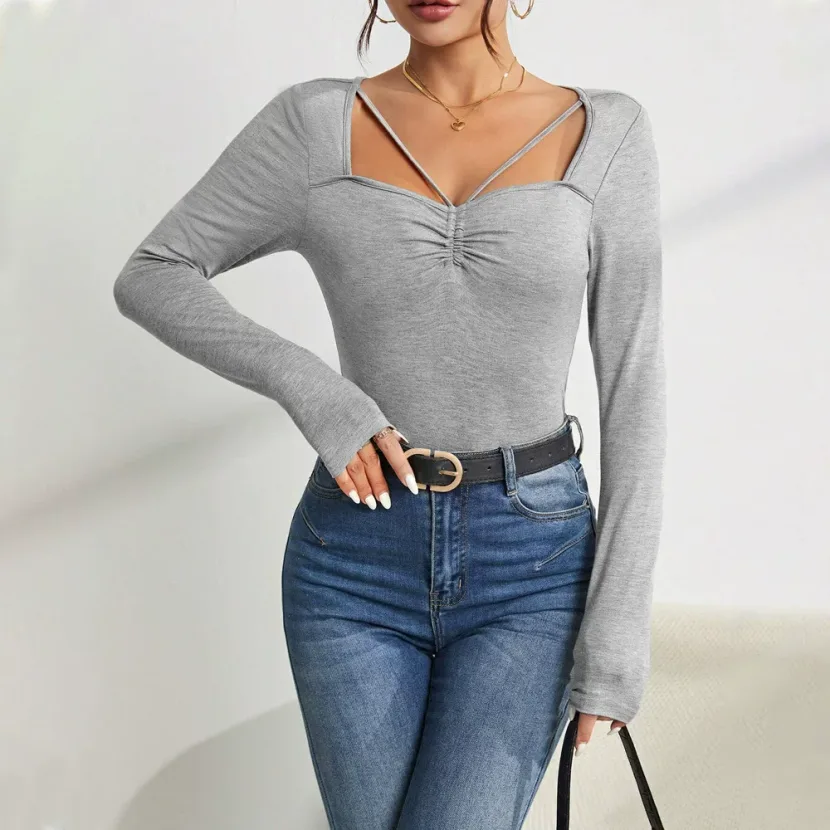 Womens Slim Fit Square Neck T Shirt Minimalist Design Versatile Style Spring Summer Essential Wh