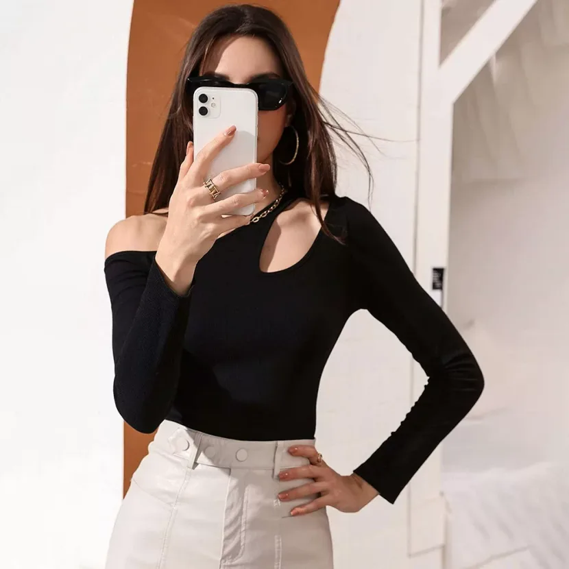 Womens Long Sleeve T Shirt Sexy Hollow Out Waist Defining Casual Style Autumn Winter Collection