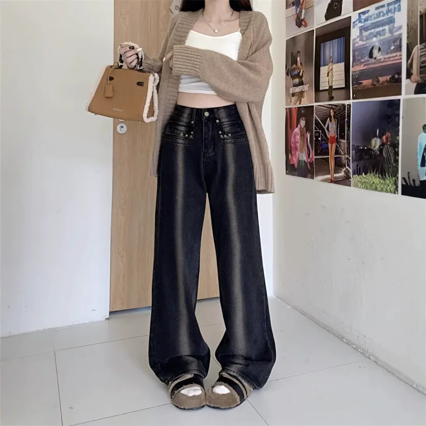 High Waisted Wide Leg Jeans for Women Vintage Style Loose Fit Autumn Winter Fashion Wholesale Av