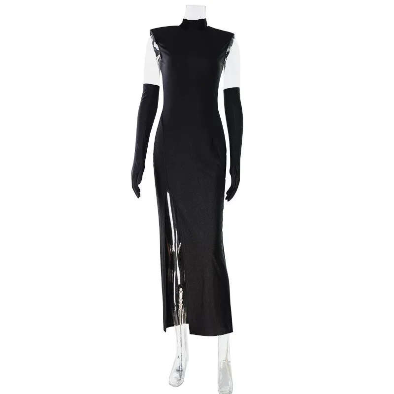 Elegant Sleeveless Evening Gown Solid Color High Slit Slim Fit Includes Gloves Perfect for Red C