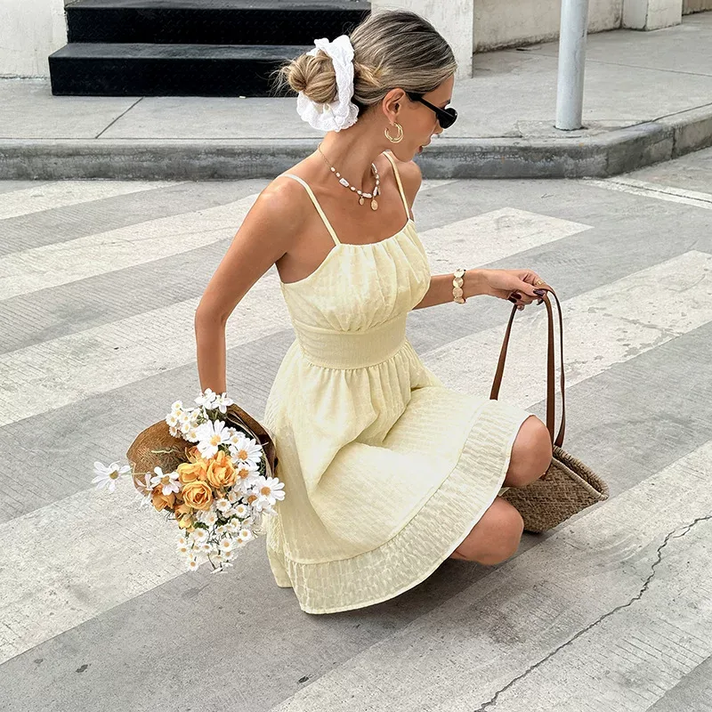 Summer Casual Solid Color Ruffle Strap Cake Dress Fresh and Sweet Style Perfect for Parties and