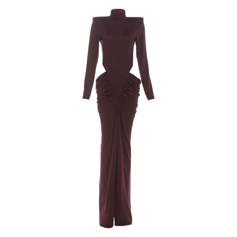 High Neck Long Sleeve Dress Solid Color Ruffled Design Hollow Out Elegant Style Perfect for Autu